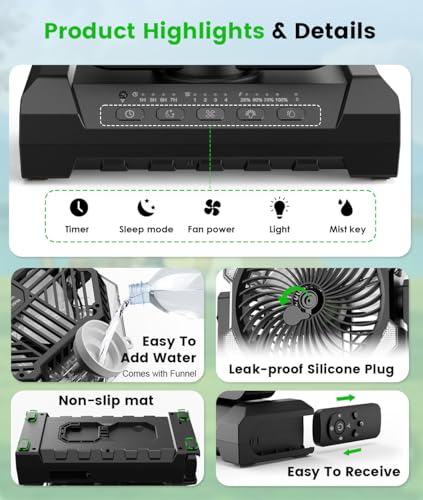 Portable Misting Fan - 24000mAh Battery Powered Fans with 9oz Water Tank, 3 Light, Rechargeable, 120H Cooling, Last 5H Mist, 4 Speed, Sleep Mode, Fan for Camping Outdoor Gear, Travel Essentials