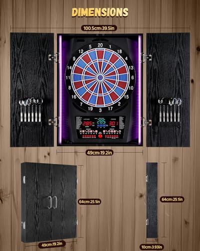 Yirinatek Electronic Dart Set, [12 x Bronze Darts] Electronic Dartboard, Rustic Wooden Door Cabinet, 8 Colours LED Display, Dart Games for Home & Bar