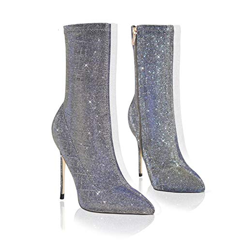 Vivi Women Cobalt Blue Boots Stretch Lycra Stiletto High Heels Closed Pointed Toe Mid-Calf Booties Size 8