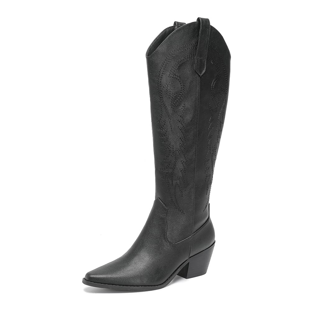 Amoji Women Western Cowboy Boots Tall Cowgirl Knee High Wide Calf Boots Pointed Square Toe Pull On With Zipper FZ307 Black Size 7