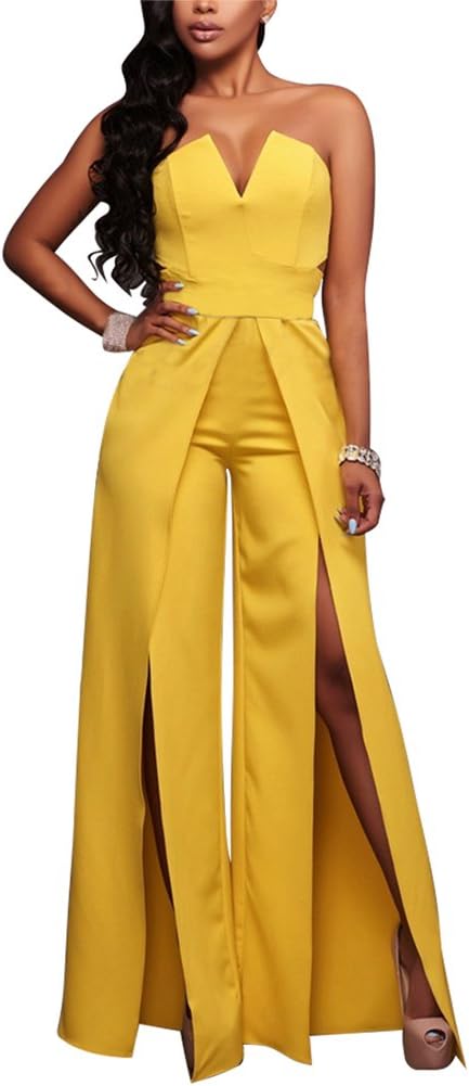 Womens Sexy Tube Top Strapless Split Wide Leg Jumpsuits Rompers Without Belt