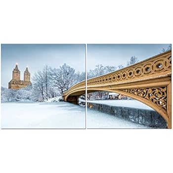 Canvas Wall Art Decor - 24x24 2 Piece Set (Total 24x48 inch)- NYC Winter Snow in Central Park - Decorative & Modern Multi Panel Split Canvas Prints for Dining & Living Room, Kitchen, Bedroom & Office