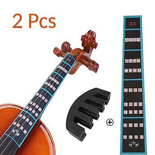 VCOSTORE Violin Mute and Finger Guide Pack, 3/4 Fingerboard Sticker Fret Guide Label Chart and Rubber Practice Silencer Accessories for Beginners