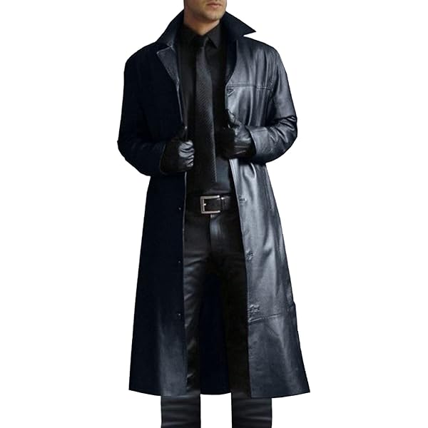 ZWRXW Mens Leather Trench Coat Full Length Vintage Classic