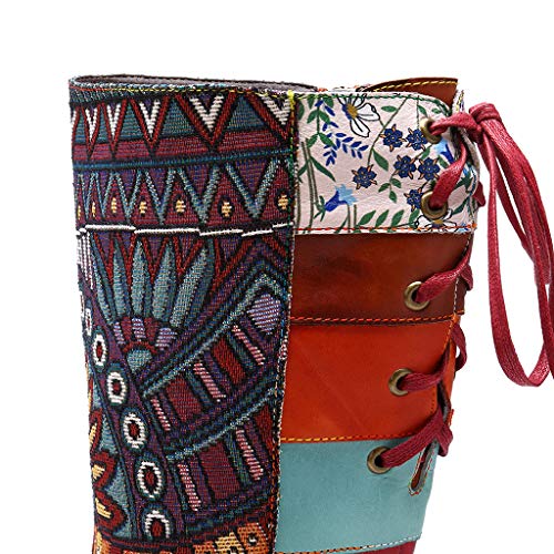 ❤Kauneus❤ Retro Boots for Women National Style Classic Canvas and Leather Boots Lace up Printed Fashion Knee High Boot Brown