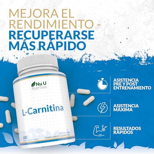 L-Carnitina 2200mg - 180 Cápsulas Veganas de Alta Potencia - Con riboflavina, biotina, cromo, vitamina D, B3 y B6 - Tartrato de L-Carnitina - Fabricado en Europa - Nu U Nutrition