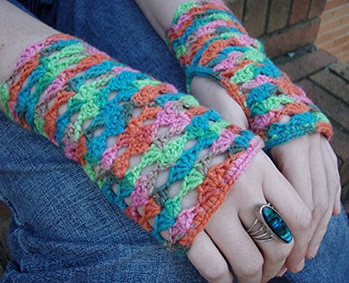 Fingerless Crochet Gloves Rainbow Sherbet Colored Handmade Lace
