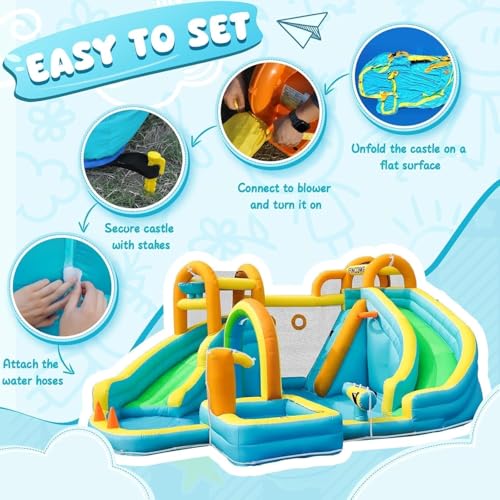 FINCOME Inflatable Water Slide, Bounce House with 2 Slide for Kids, Inflatable Waterslide Park with Splash Pool, Basketball Hoop, Ball Shooting & Water Cannon for Backyard, Outdoor, Indoor