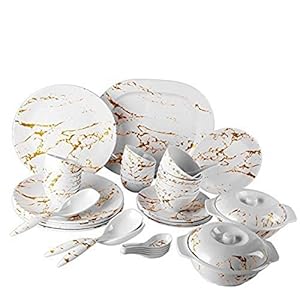 St Stehlen Golden Stream Series, 100% Pure Melamine, Dishwasher Safe 32 Pices Dinner Set (White & Gold)