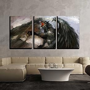 3 Piece Canvas Wall Art - Federed Winged Dragon Attack Illustration - Modern Home Art Stretched and Framed Ready to Hang - 16"x24"x3 Panels