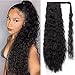 AISI BEAUTY Long Ponytail Extensions for Black Women Synthetic 22 inch Curly Wrap Around Black Ponytail Corn Wave Ponytail Hairpiece Magic Paste Black Ponytail(color:1B#)