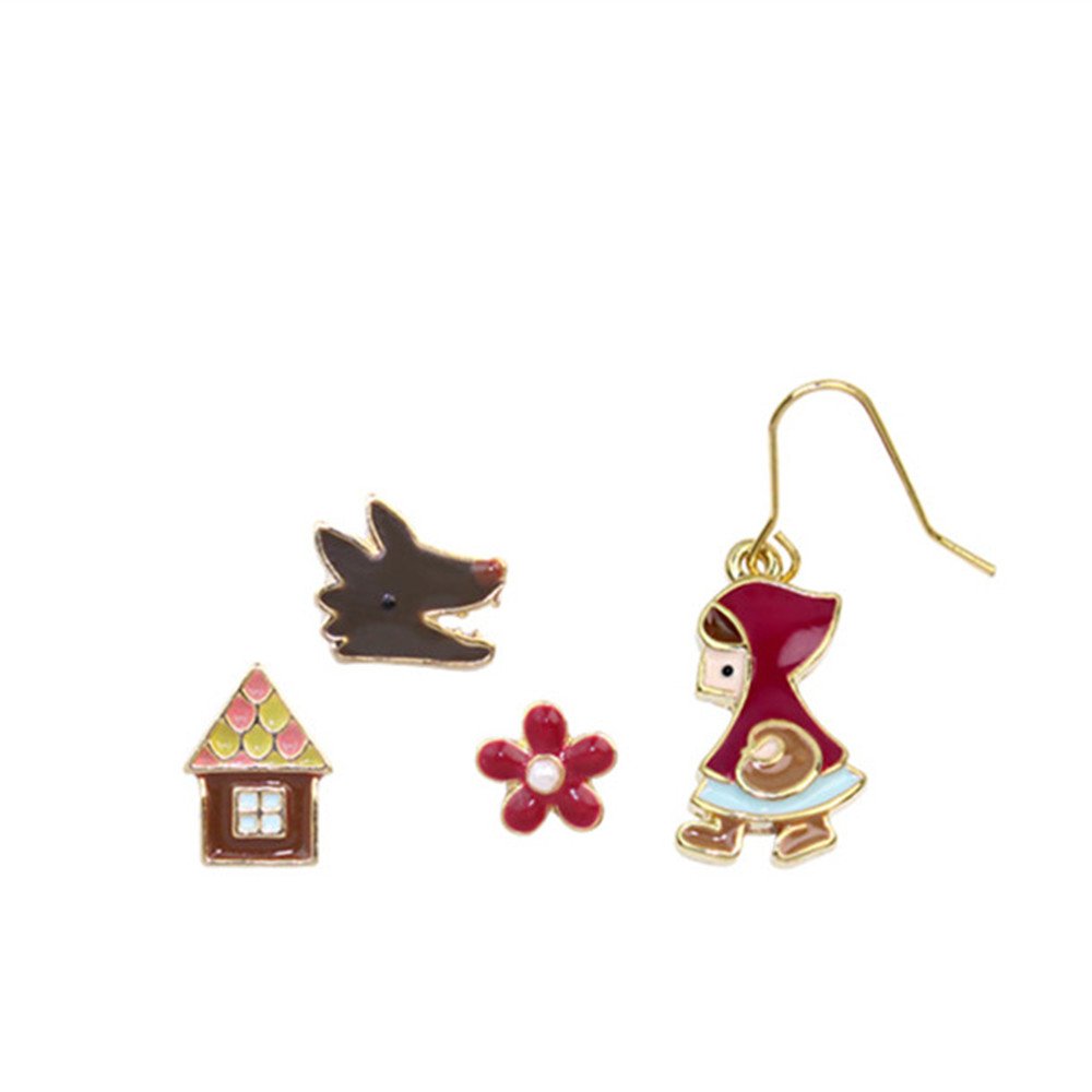Nuwastone women\'s Flower & House & Little Red Riding Hood & Wolf Earring Set (Little Red Riding Hood)