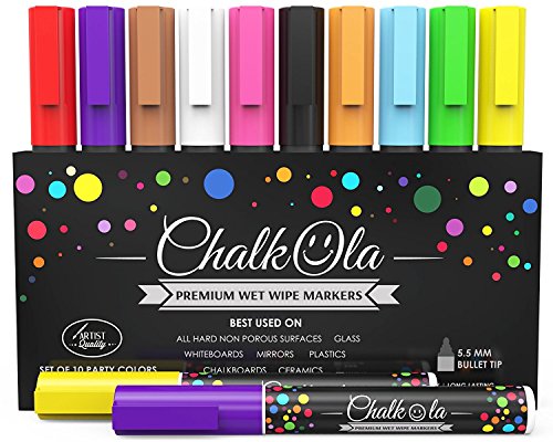 Chalk Markers - Pack of 10 neon color pens. For Chalkboard, Whiteboard, Window, Labels, Bistro, Glass - Wet Wipe Erasable - 6mm Bullet Tip