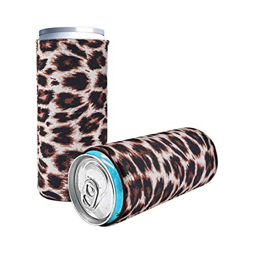 DIFENLUN 2 Pack Neoprene Slim Can Coolers, Collapsible Can Sleeves Beer Can Coolies Covers for 12oz Slim Drink Beer Cans(Leopard)