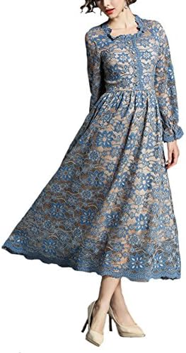 Mylysyz Women's Vintage Elegant Long Sleeve Lace Floral Swing A-Line Skater Cocktail Party Midi Dress (XL)