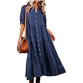 utcoco Womens Puff Sleeve Button Down Maxi Shirt Dresses Casual Loose Fit Tiered Swing A Line Cotton Long Shirt Dress