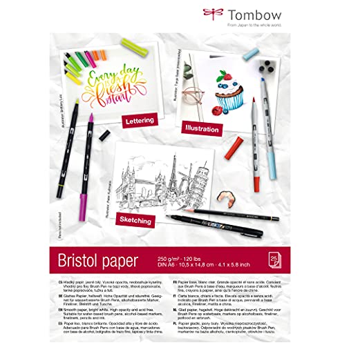 Tombow Bristol PB-MARK-COVER-6 - Lot de 25 feuilles de papier à dessin - Format A6-250 g/m² - Pour croquis et illustrations - Pour stylos pinceau, marqueur, crayon à plomb et crayon de couleur