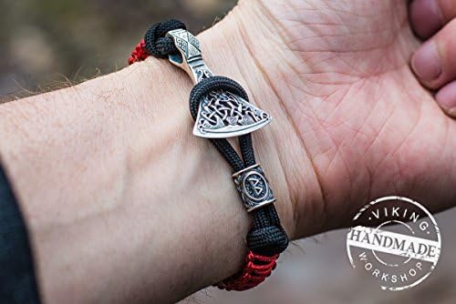 Paracord Bracelet with Sterling Silver Axe and Elder Futhark Rune Handmade Viking Jewelry - Black+Red Color