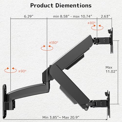 PUTORSEN Dual Monitor Wall Mount for 17-32 inch Flat/Curved Computer Screens, Full Motion Wall Monitor Mount with VESA 75x75/100x100 mm, Each Holds Up to 19.8lbs, Black