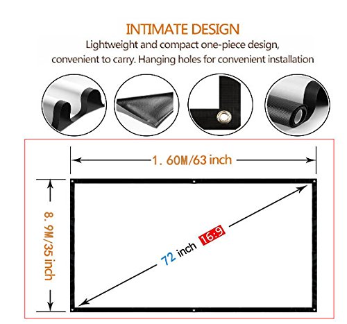 FUN 72 inch Projection Screen 16:9 HD Portable Movies Screen PVC Fabric for Projector Home Theater Outdoor