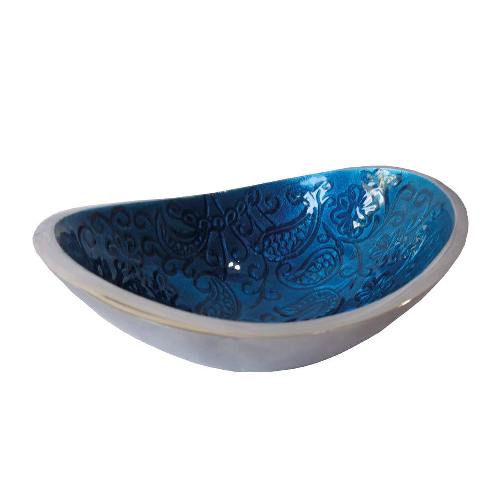 Bitto Jalina Incense Burner Blue with Paisley Pattern Aluminium Oval 14.5 x 12 x 5 cm