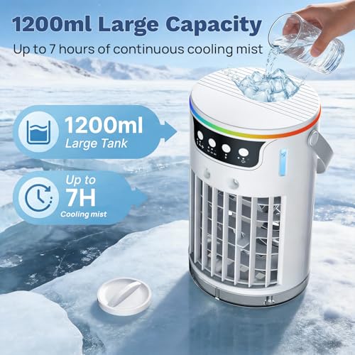 Portable Air Conditioners, Mini Evaporative Air Cooler 1200ML with Ice Cooling Mist, Fans That Blow Cold Air Like AC, Personal Swamp Cooler Quiet for Bedroom, Home Office Desk and Dorm