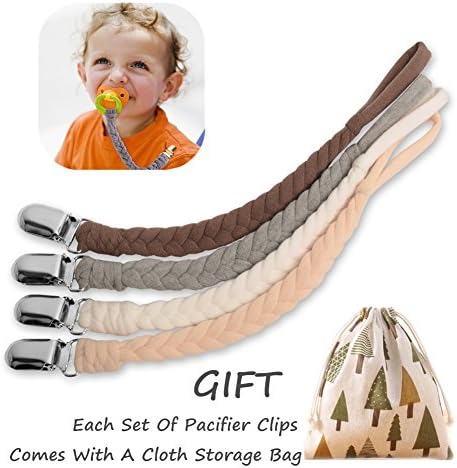 Pacifier Clips Set by MUKIN-Teething Ring Holders for Baby,Universal Flexible Holder Leash for Pacifiers, Teething Toy Or Soothie.Hand-Made Braided,Baby Shower Gift Set.(Pack of 4)+Free Reusable Bag.