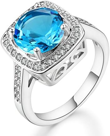 Ritzy Glam Cubic Zirconia Platinum Plated Ring | Stunning Crystal Blue March Birthstone in Platinum Halo Setting with 28 CZ Stones | Nickel-Free, Anti-Allergy, Round Cut Fashion Jewelry for Women (7)