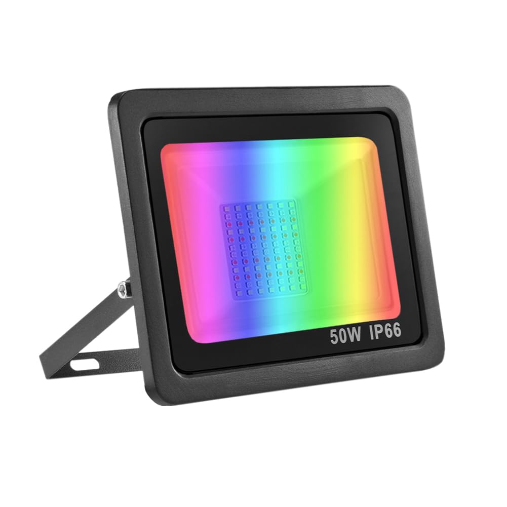 Bikuer 50W LED Floodlight Outdoor, Colour Changing Flood Lights with Remote Control, 12 RGB Colours, Timing, 4 Modes, IP66 Waterproof