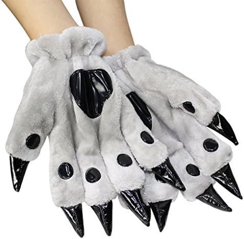 Women Plush Paw Claw Glove Girls Animal Dinosaur Soft Winter Paw Gloves (Gray)