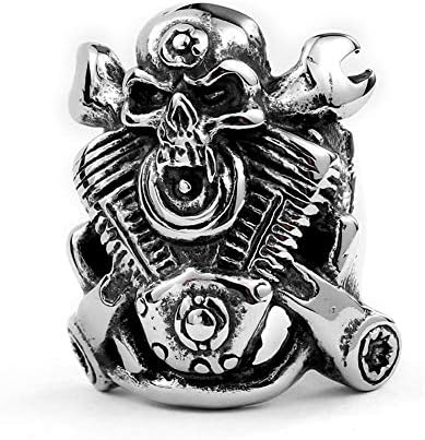 LILILEO Stainless Steel Ring Engine Wrench Skull Locomotive for Men's Casting Rings