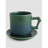 Handmade Ceramic Coffee Cup and Saucer Set, Matte Forest Green, Modern Design