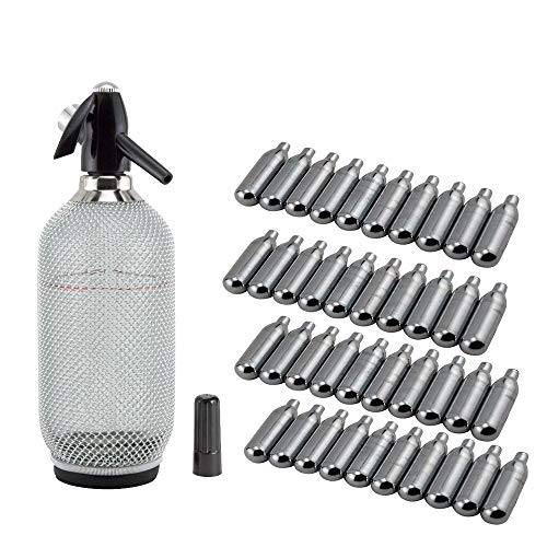 Behind The Bar Glass Soda Siphon Starter Kit - 1 Liter Soda Siphon & 40 CO2 Chargers - Thumbnail 5