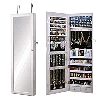sogesfurniture Lockable Floor Standing Wooden Jewelry Cabinet Mirror Cabinet Chest Armoire Wardrobe Storage Organizer, Armoire Organizer with 6 LED Light, White BHUS-QH-7025