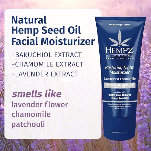 HEMPZ LAVENDER & CHAMOMILE RESTORING NIGHT MOISTURIZER – HYDRATING NIGHT CREAM RICH WITH MINERALS, VITAMIN C, & HEMPSEED OIL TO HYDRATE & REPAIR EXTREMELY DRY OR SENSITIVE SKIN, FOR FACE & BODY, 3 OZ