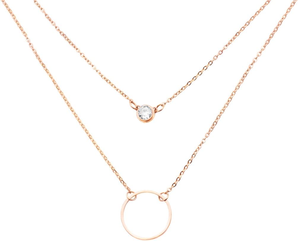 WDSHOW Simple Karma Circle Cubic Zirconia Layered Necklaces Stainless Steel Rose Gold