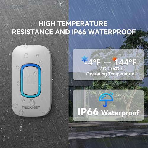 TECKNET Longest 1300 Feet Wireless Doorbell with RGB Alarm Lighting,Battery-Powered IP66 Waterproof Design,60+Chimes & 5-Level Volume for Home/Apartment/Classroom/Business,4.5-Year Battery Life,White