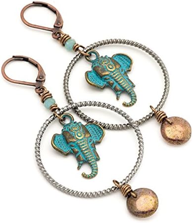 Elephant Mixed Metal Vintage Patina Czech Glass Lever-back Earrings 2.5 Inches