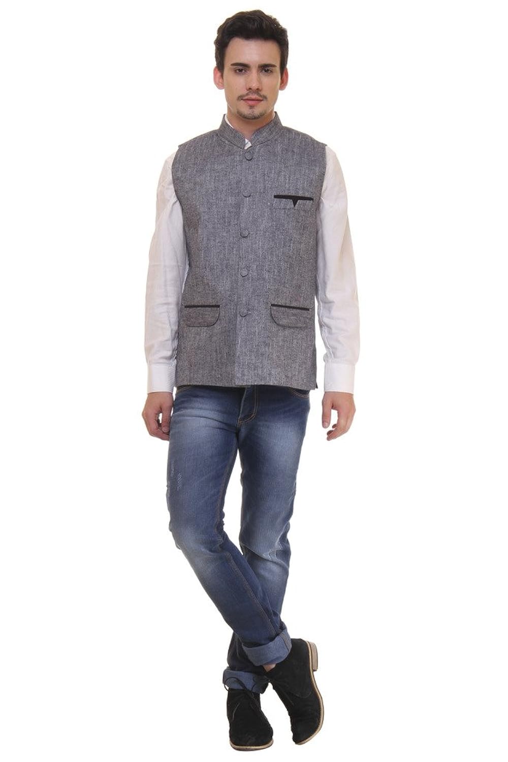 routeen grey casual formal wear waistcoat linen jacket for men