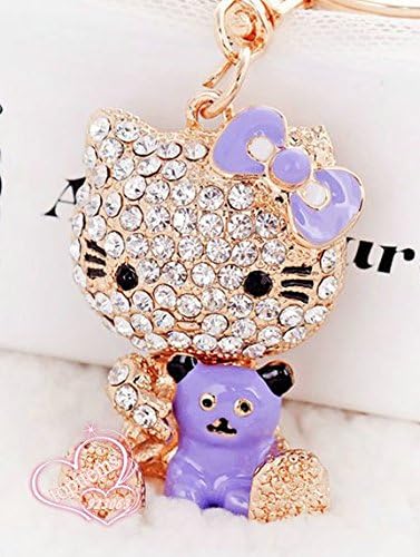 Elfstore Beautiful 3D PURPLE Hello Kitty With Cute BEAR rhinestone keychain, Car key ring, Handbag Purse accessories