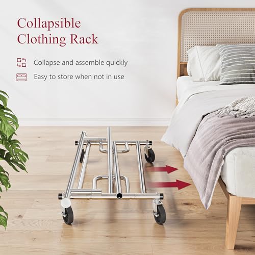 Tajsoon Heavy Duty Clothes Rack Foldable Garment Rack with Wheels and Extendable Rod, Freestanding Clothing Rack for Hanging Clothes, Adjustable ＆ Collapsible Rolling Racks with Bottom Shelf, Chrome