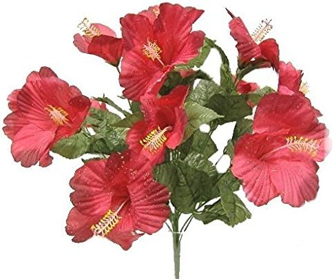 18" Hibiscus Bush Silk Wedding Bouquet Craft Flowers Home Office Party Decoration 14 Blooms (Burgundy)