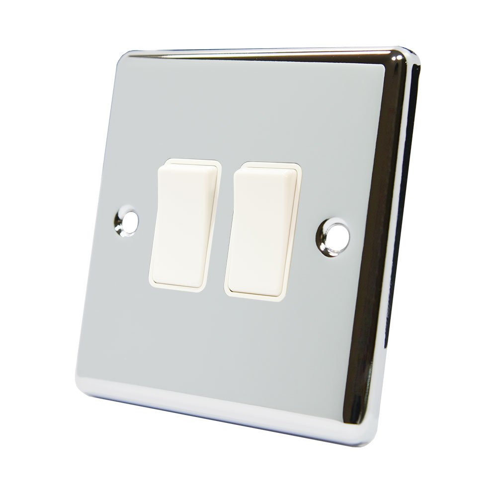 AET CPC2GSWIWH 10 A 2-Gang 2-Way Polished Chrome Classical Double Light Switch with White Insert Plastic Switches