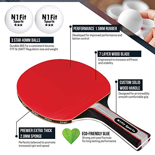 N1Fit Ping Pong Paddle Set - Includes 4 Player Rackets, 8 Professional Table Tennis Balls, Portable Storage Case for Indoor-Outdoor Play