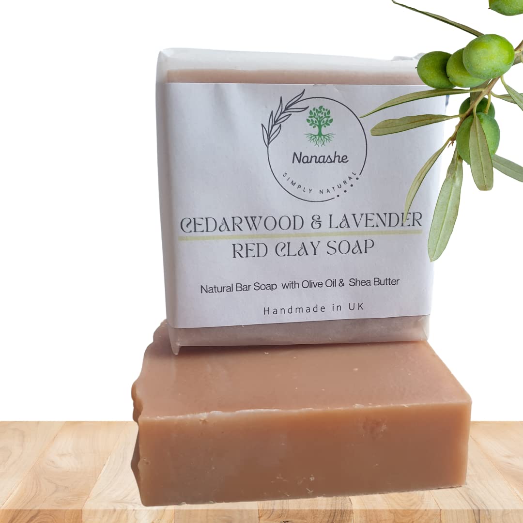 Nonashe Handmade Cleansing Bar Soap With Olive Oil,Shea Butter,Natural Ingredients,Vegan & Palm Oil Free,Face & Body Soap for Women & Men (Cedarwood & Lavender Red Clay Soap,100g)