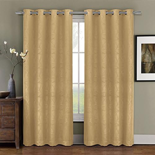 Pair of Two Top Grommet Blackout Weave Embossed Curtain Panels, Triple-Pass Foam Back Layer, Elegant and Contemporary Prairie Blackout Panels, Gold, 108" Panels