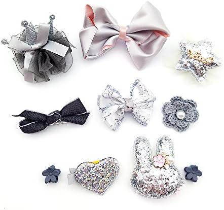 WJFASHION 10pcs Ribbon Bow Crown Flower Mixed Design Baby Girl Toddler Hair Clips Hair Accessories Barrettes in Gift Box (Grey)