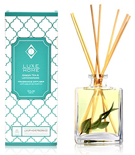 Luxe Home Green Tea & Lemongrass Essential Oil Reed Diffuser | Scent Notes of Valencia Oranges, Lemongrass and Fresh-Cut Greens | Makes a Pretty for The Home