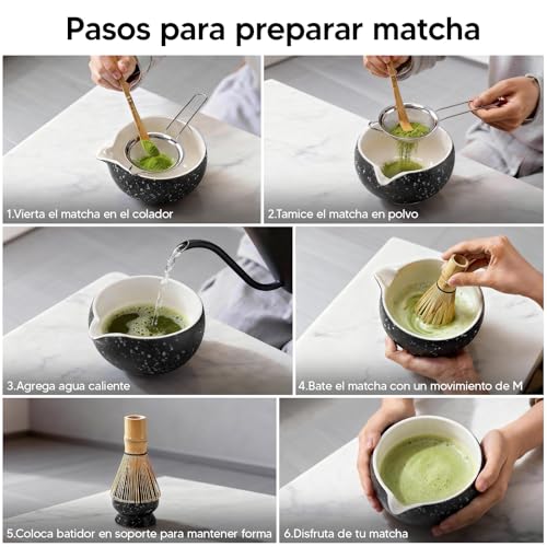 Kit de Té Matcha Tradicional, Juego de Té Matcha 8 Piezas – Tazón de Cerámica Artesanal, Batidor de Bambú, Soporte y Cuchara Kit Completo para Ceremonia de Té Japonesa en Casa (negro)