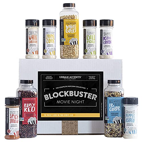 Urban Accents BLOCKBUSTER, Movie Night Popcorn Kernels Gift and Popcorn Seasoning Variety Pack